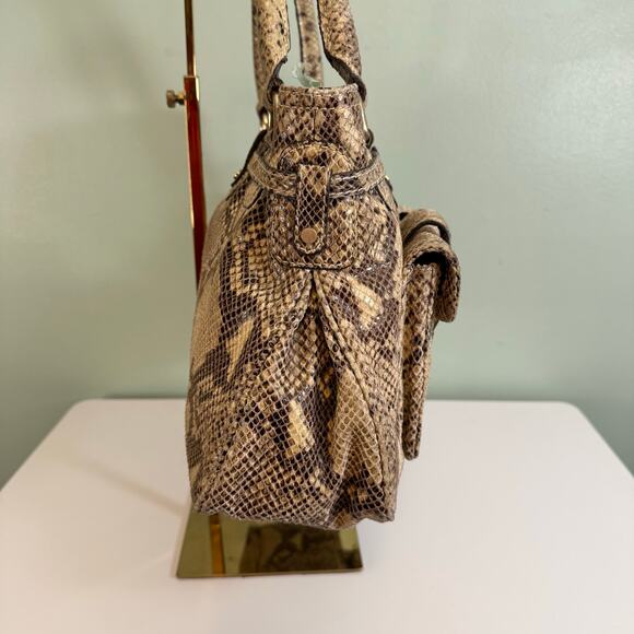 Michael Kors Satchel Shoulder Handbag Brown Tan Python Buckle Double Top Handles - Picture 6 of 12